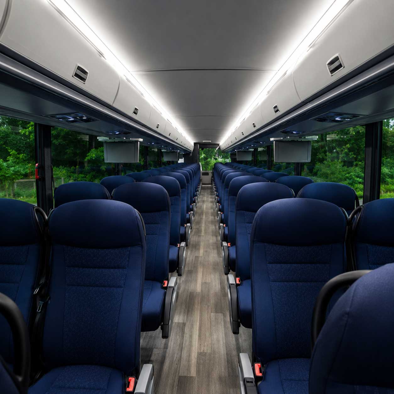 Empty bus interior with blue seats
