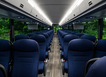 Empty bus interior with blue seats